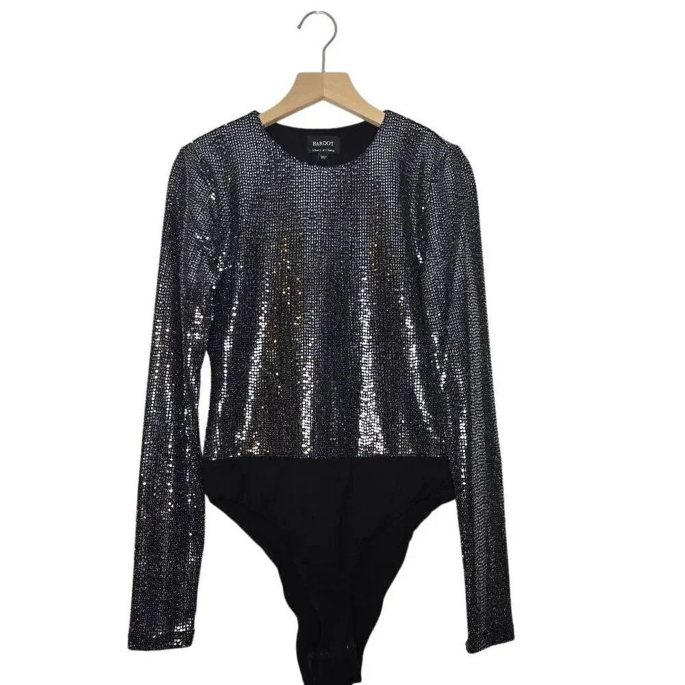 Bardot Long Sleeve Silver Black Bodysuit Size Small Sparkly Party Concert Shimme